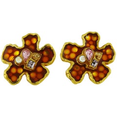 Christian Lacroix Vintage Enamel Flower Clip-On Earrings