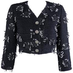 Chanel 15P Runway Black Crop Jacket with White Ribbon