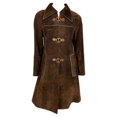 1970s Brown Suede Gucci Trench Coat Orange Enamel 'GG' Monogram Closure