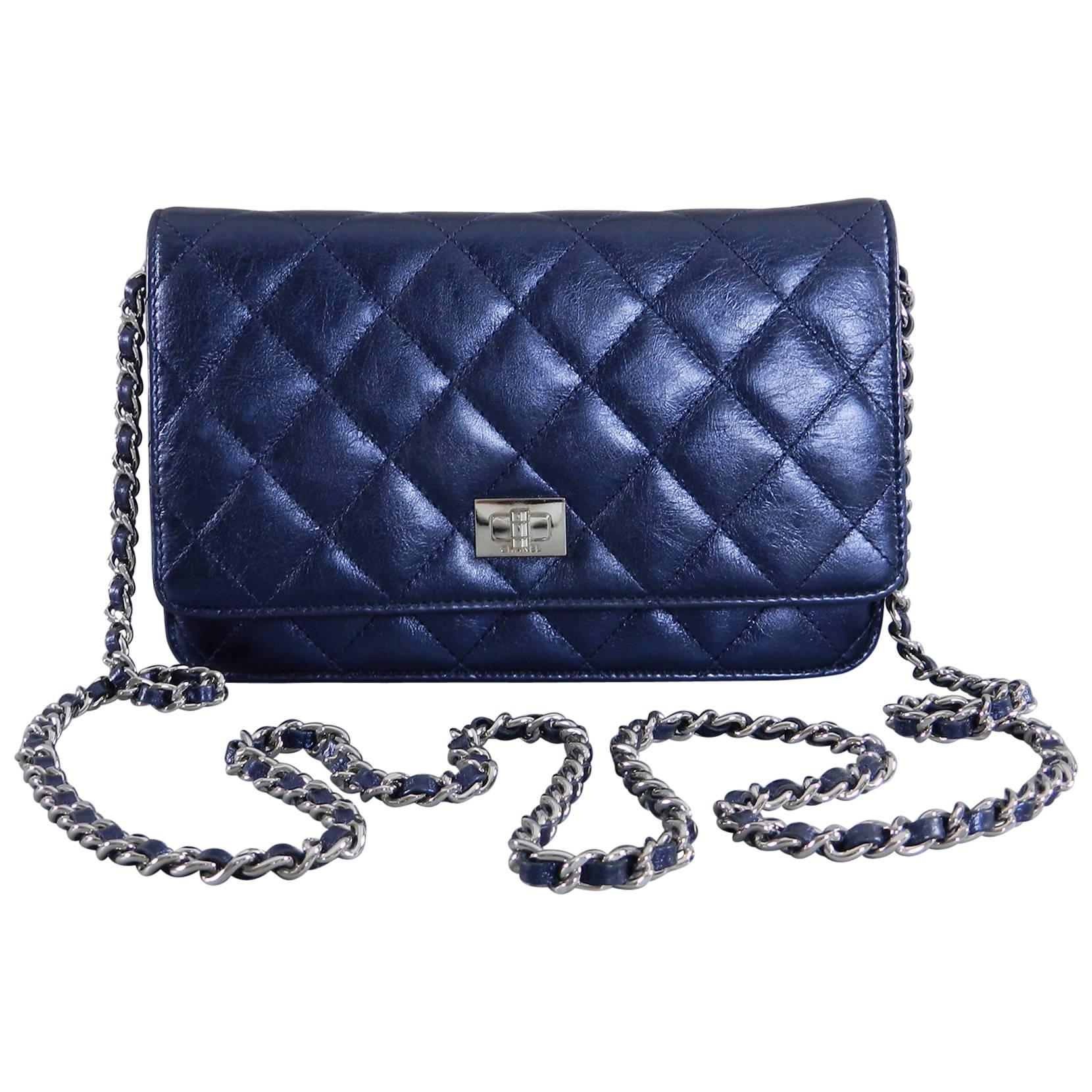 Chanel Quilted Wallet on a Chain WOC metallic Navy Silver Hardware