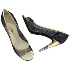 Chanel 15C Gold and Black Mesh Shoes with Lucite Heel 