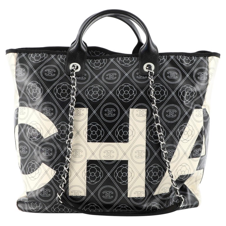 chanel black canvas tote bag leather