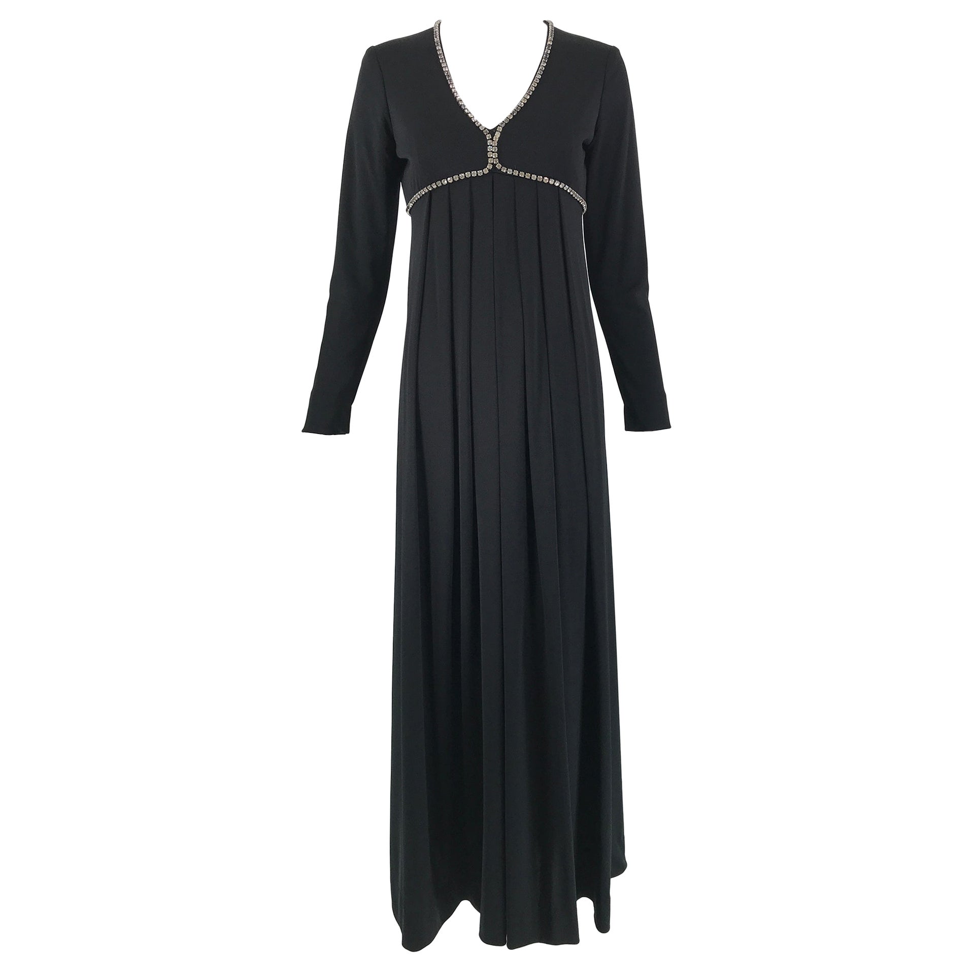  1970s Crystal Rhinestone Trimmed Black Jersey V Neck Maxi Dress For Sale