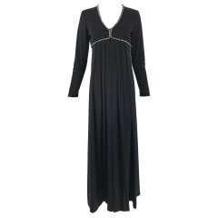  1970s Crystal Rhinestone Trimmed Black Jersey V Neck Maxi Dress