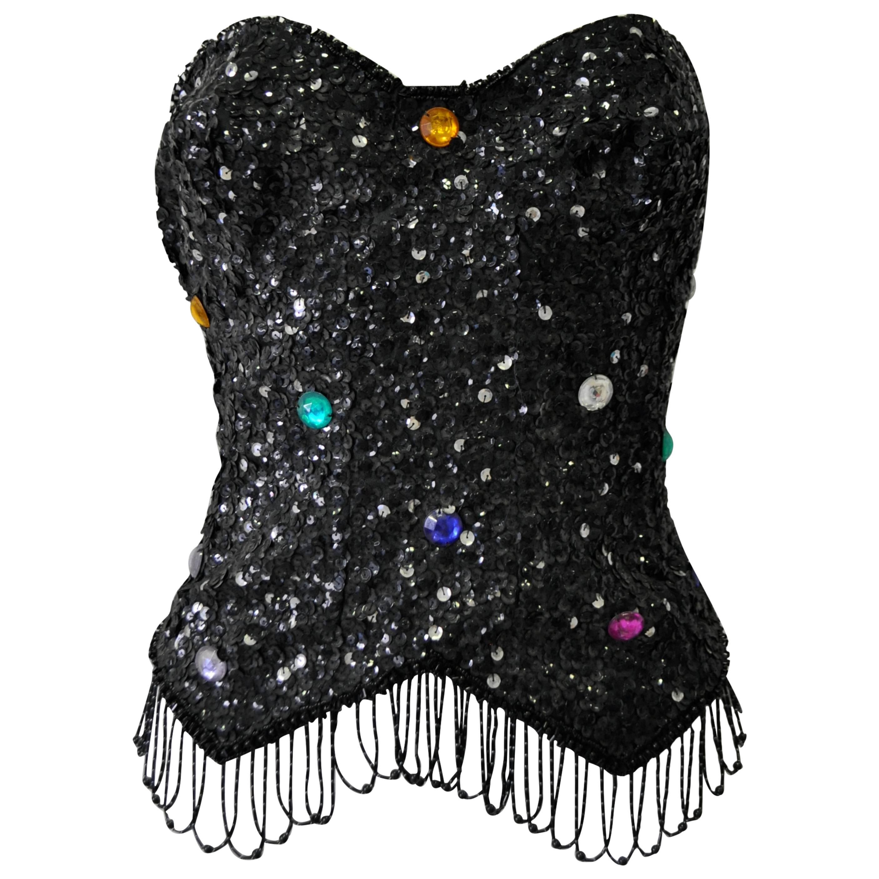 Highly Original and Rare Vera Mont Crystal Studded Bead Fringe Sequin Busiter For Sale