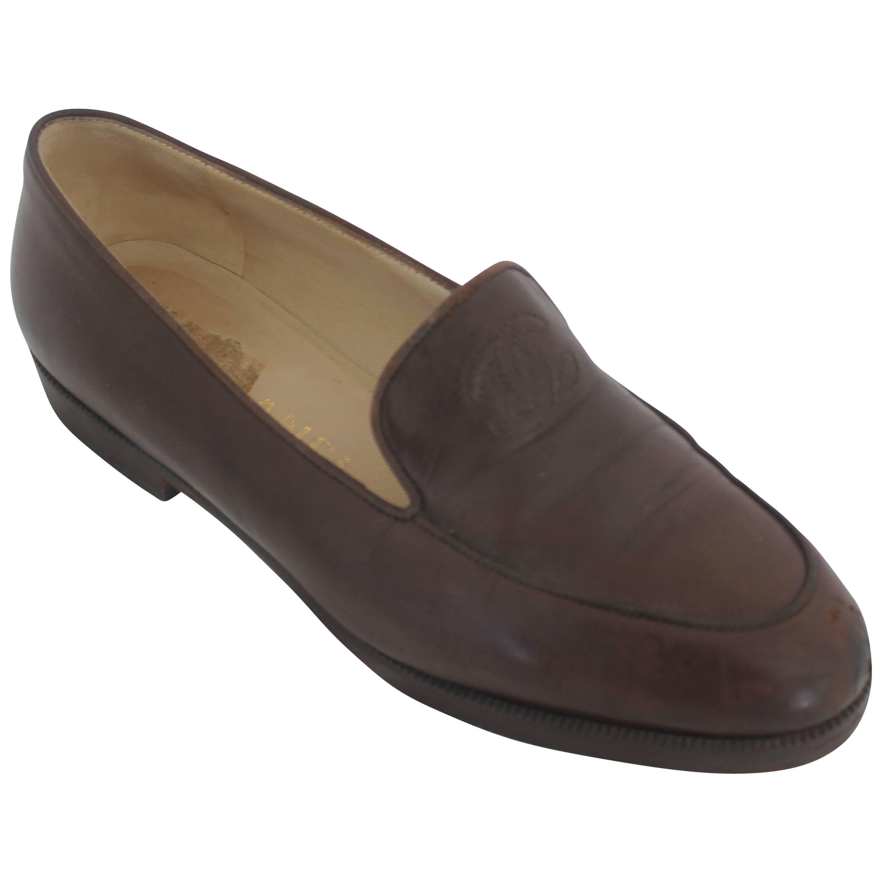 Chanel Brown Leather Loafers with Stitched "CC" - 37