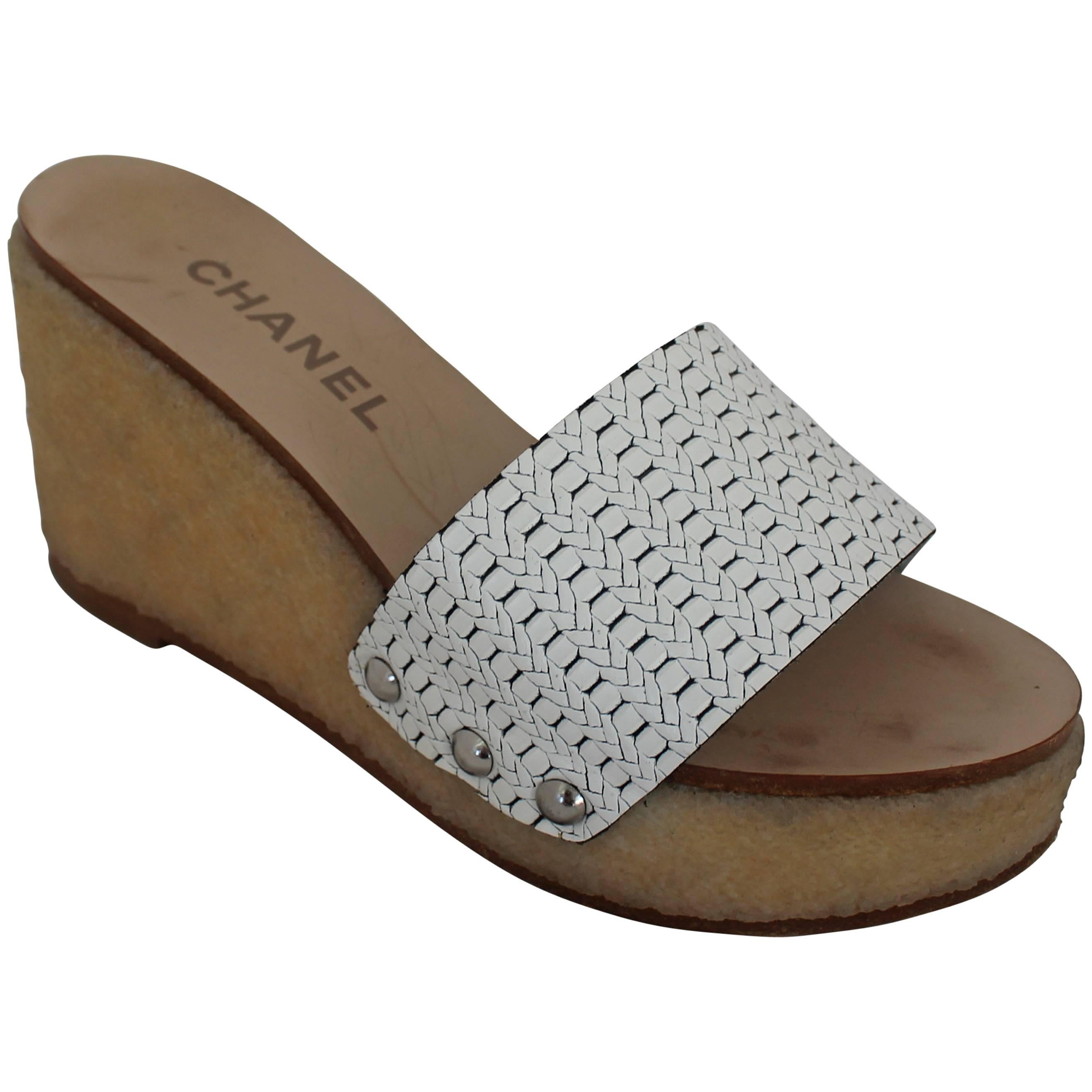 Chanel White Plastic Wedges with Tan Textured Rubber - 36