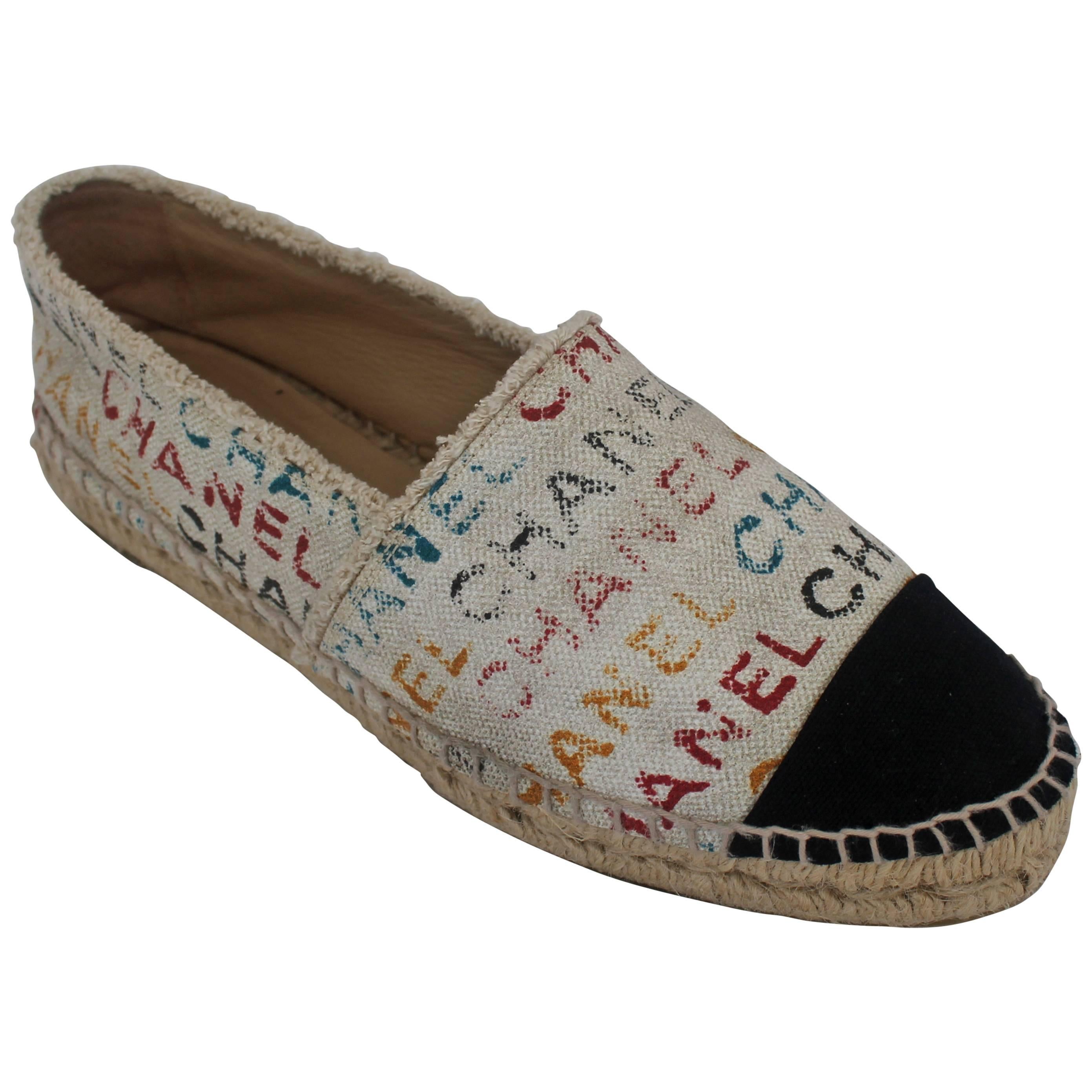 Chanel Black and Cream with Multi-Colored Print Flat Espadrilles - 41