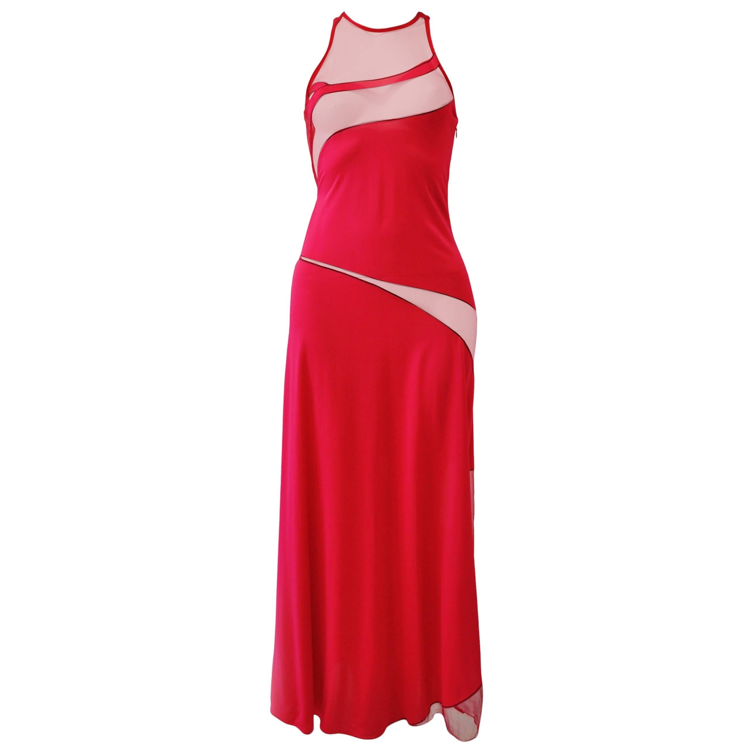 Gianni Versace Couture Cut-Out Sheer Fluorescent Raspberry Evening Gown For Sale