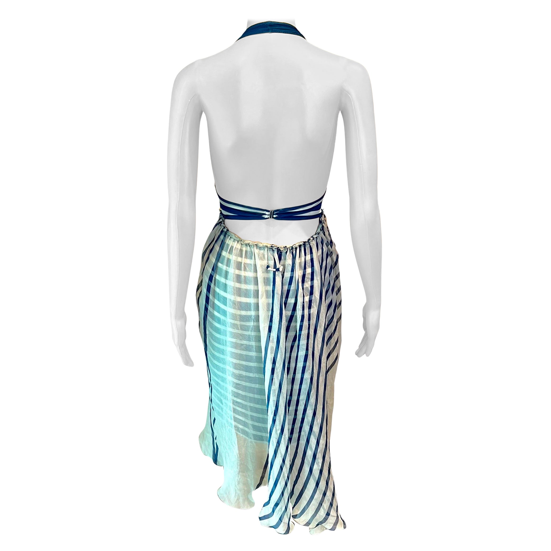 Jean Paul Gaultier Soleil S/S 2001 Striped Ivory & Navy Blue Cutout Back Dress  For Sale