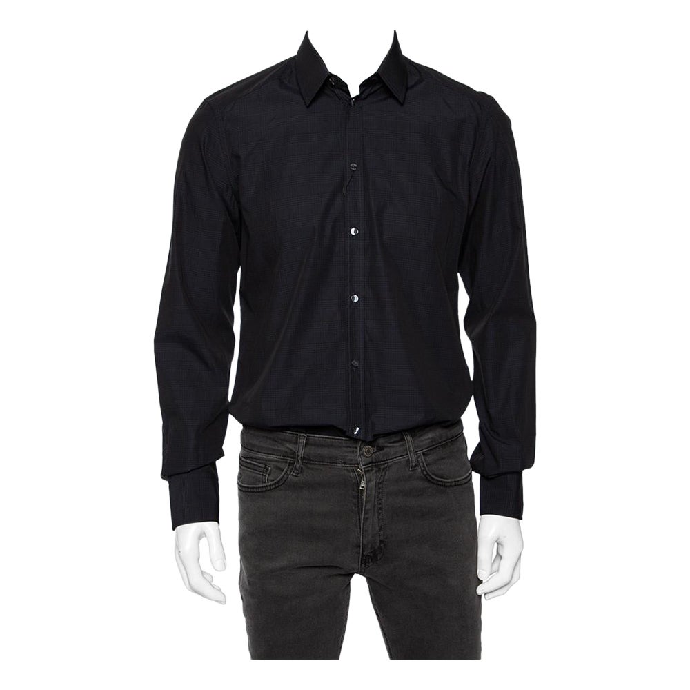 Dolce & Gabbana Navy Blue Check Patterned Cotton Shirt M For Sale