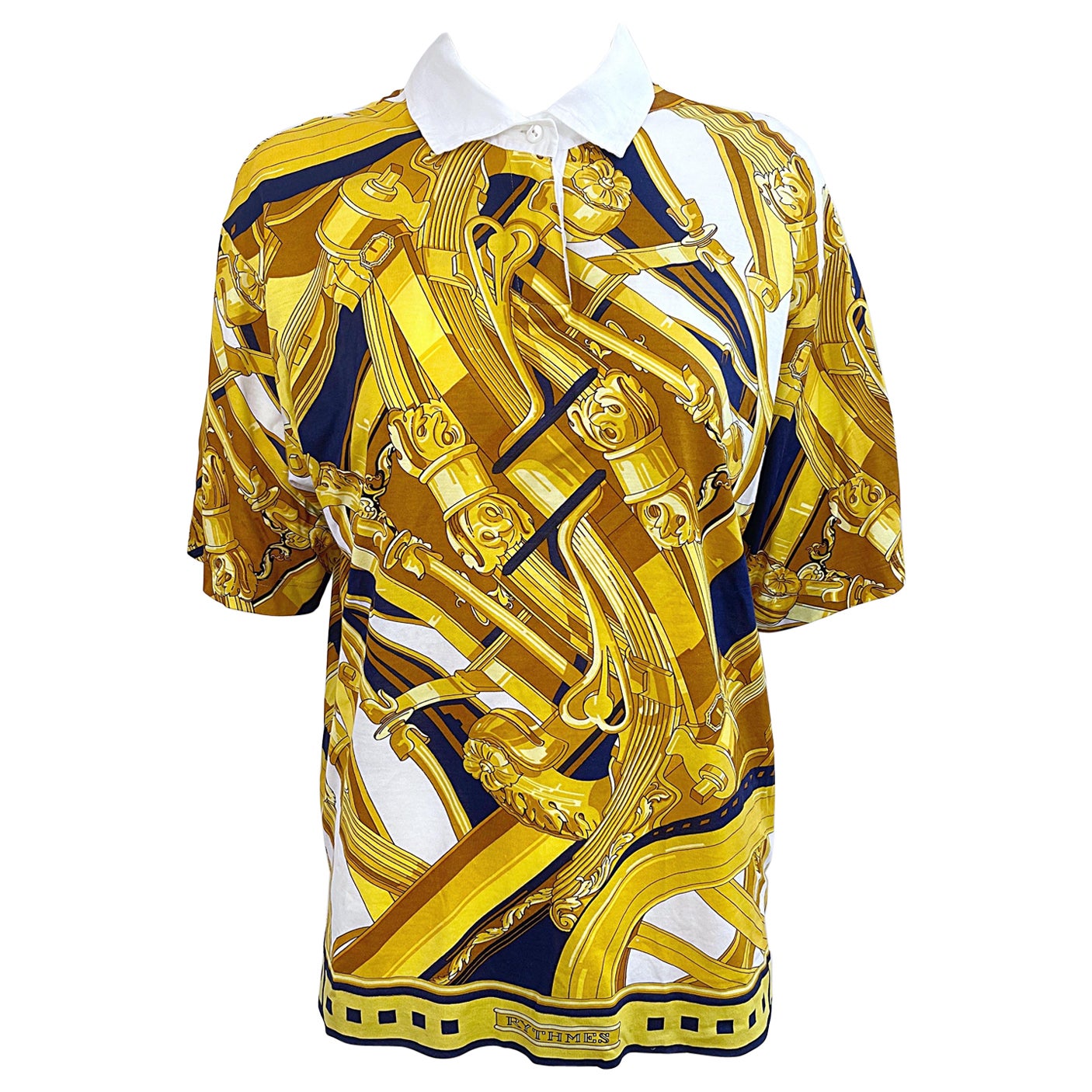 Hermes Women’s XL 1990s Rythmes Gold Navy Nautical Vintage 90s Polo Shirt