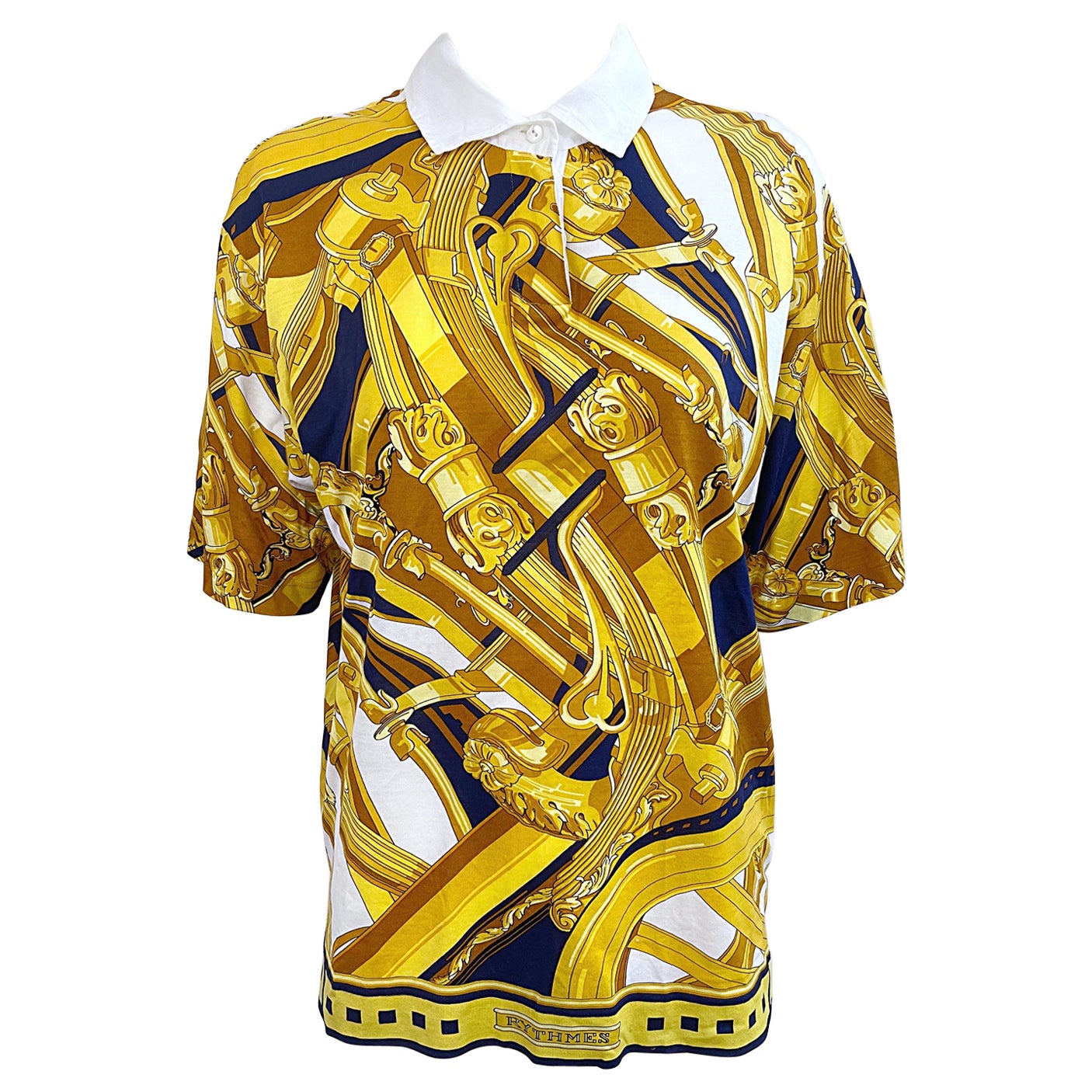 Hermes Women s XL 1990s Rythmes Gold Navy Nautical Vintage 90s Polo 