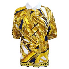 Hermes Women’s XL 1990s Rythmes Gold Navy Nautical Vintage 90s Polo Shirt
