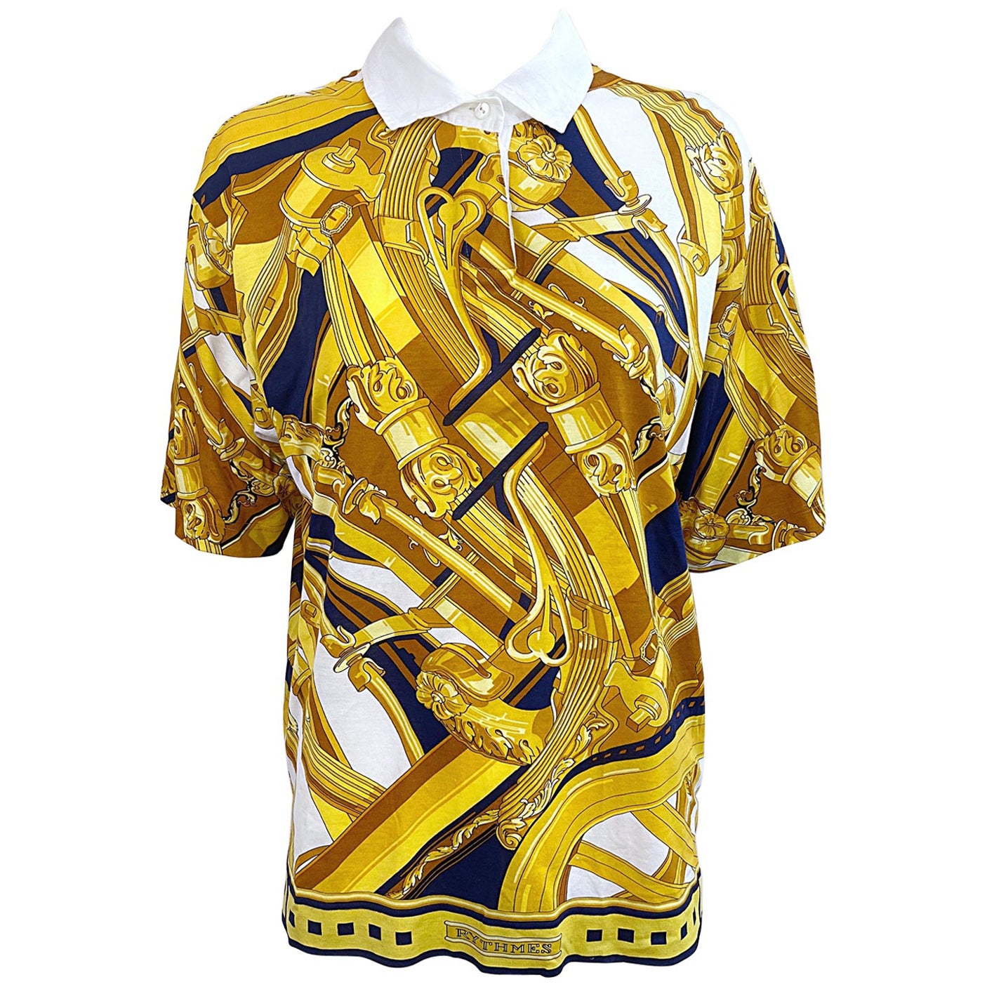 Hermes Women's XL 1990s Rythmes Gold Navy Nautical Vintage