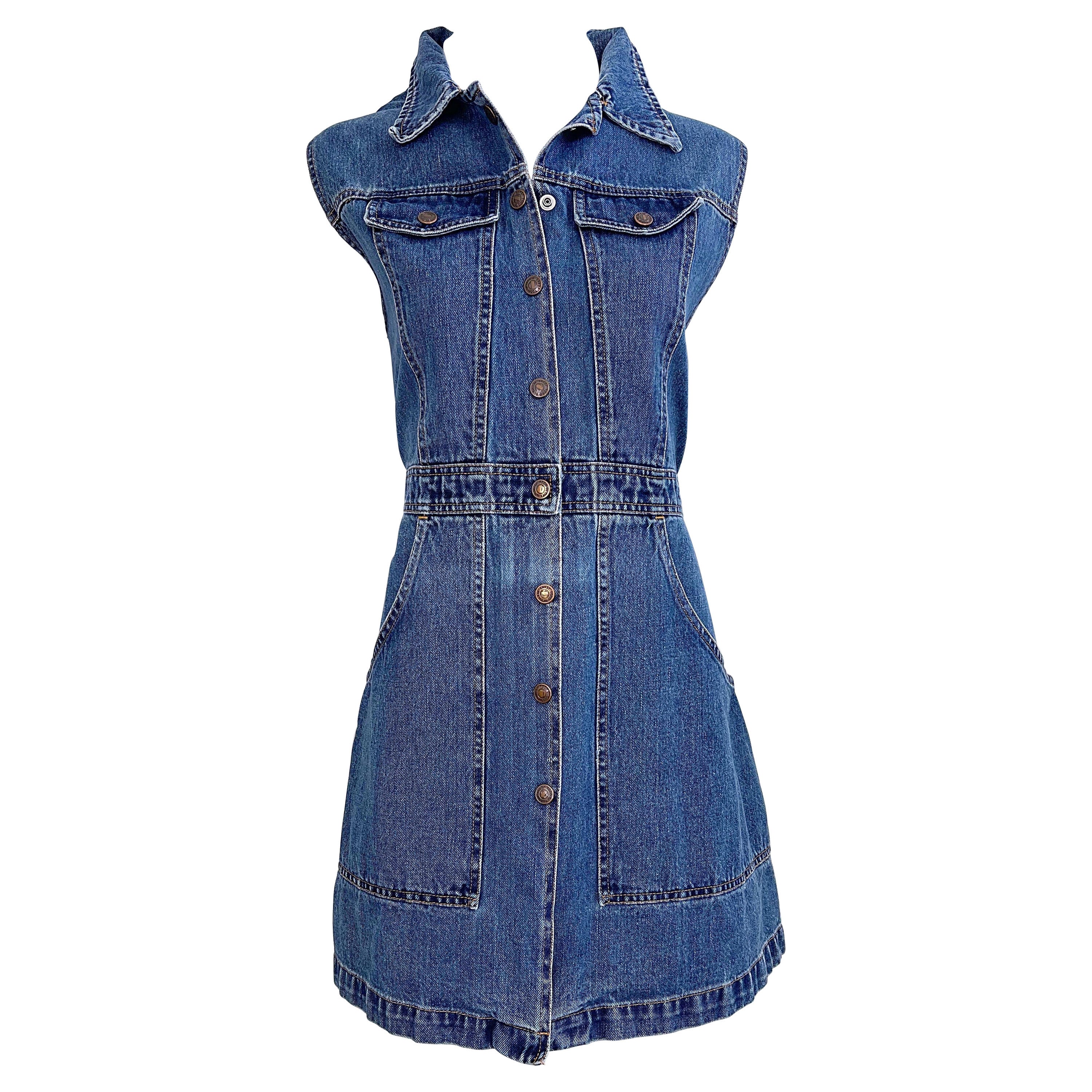 1990s Todd Oldham Size Large Blue Jean Denim Sleeveless Vintage 90s Mini Dress