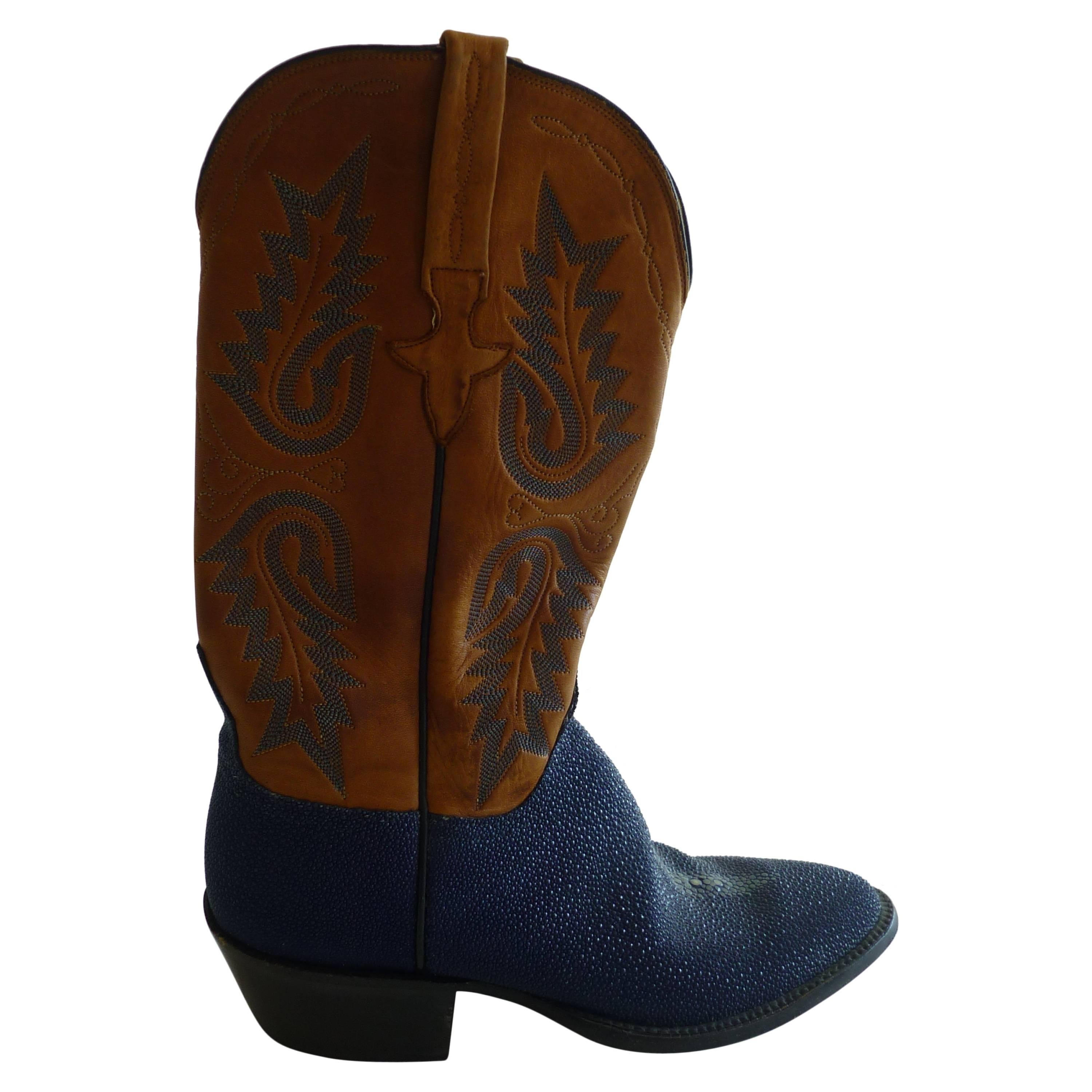Lucchese Stingray and Tooled Leather Hand Made Cowboy Boots (8B)