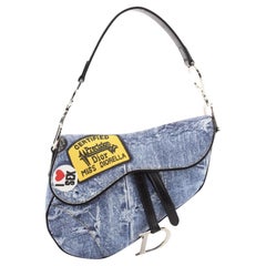 Saddle Bag with Strap Denim Blue Multicolor Denim with Butterfly