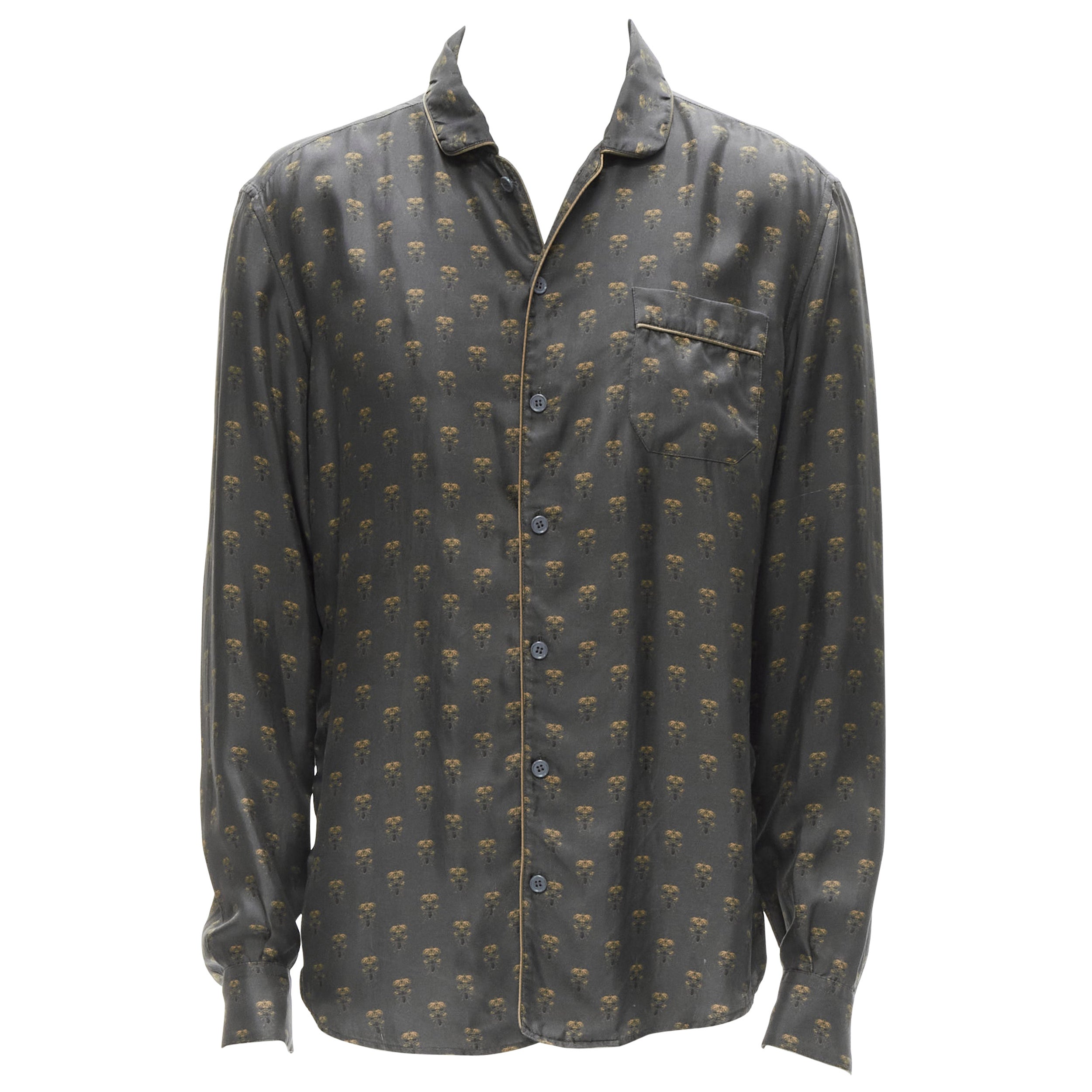 DOLCE GABBANA 100% silk grey Queen Bee print pajama shirt M For Sale