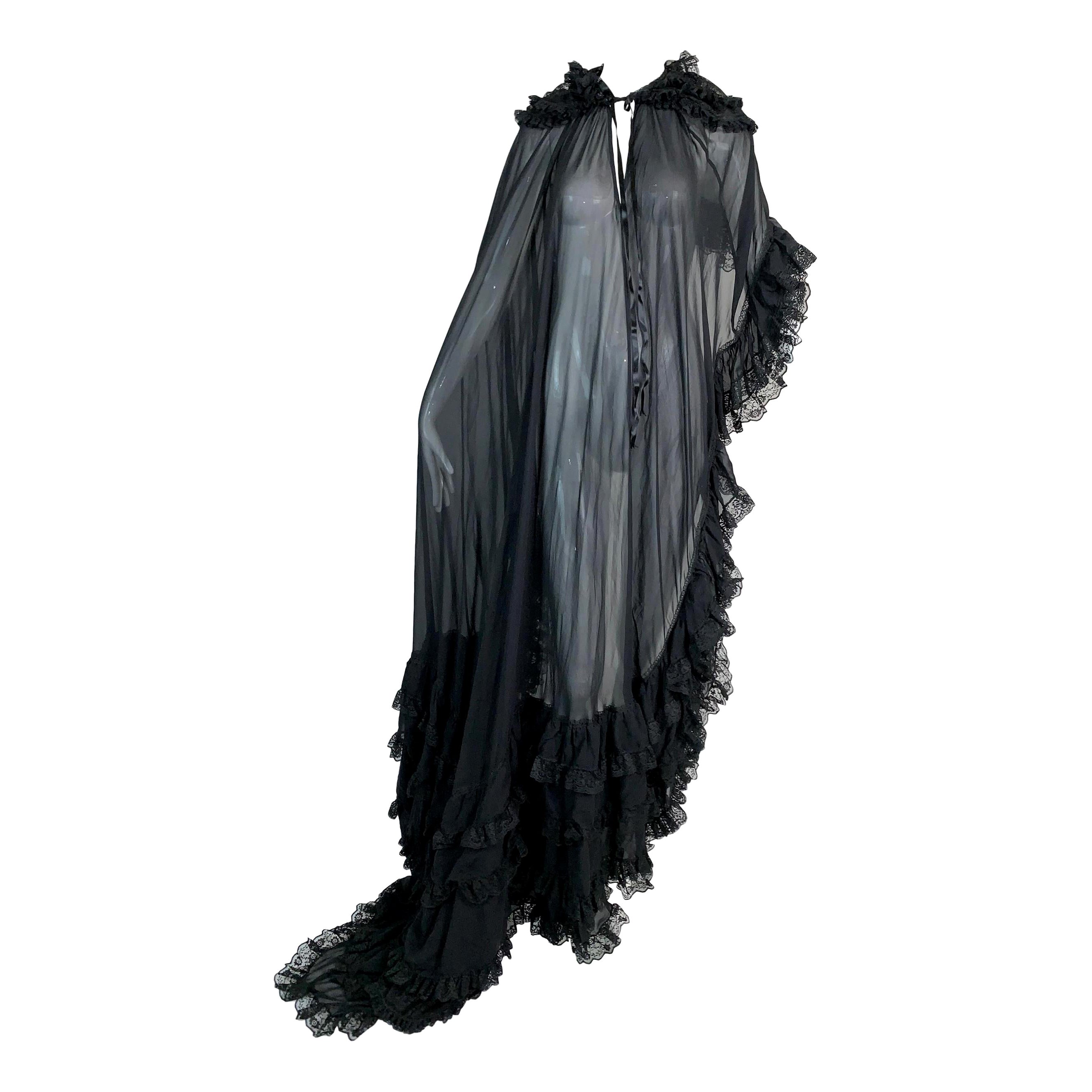 Unworn F/W 1999 Dolce & Gabbana Runway Sheer Black Silk & Lace Long Cape Dress For Sale