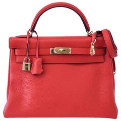 HERMES KELLY Bag 32 Rouge Tomate Clemence Gold Hardware