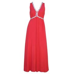 1960's Neiman Marcus Coral Red Linen Dress With Embellished Bodice 5