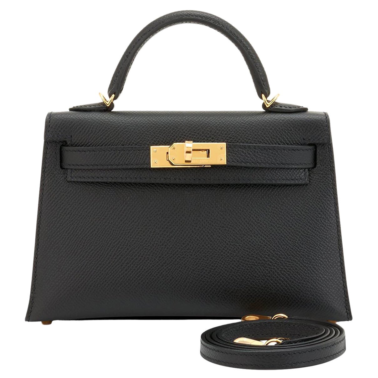 Hermes Mini Kelly 20cm Black VIP Epsom Gold Handbag, U Stamp, 2022