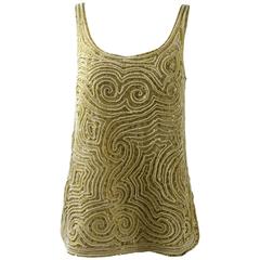 1970s Halston Hand Embroidered Beads &Golden Pearl Organza Sleeveless Tunic Top 1