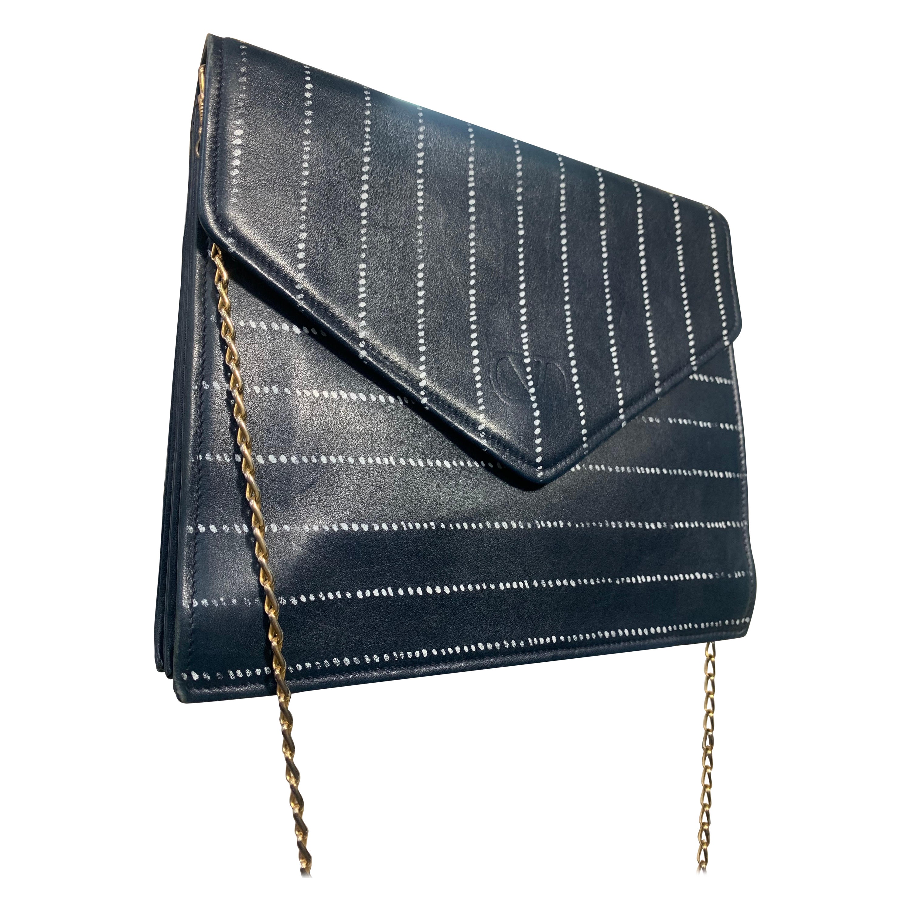 1980s Valentino Navy Lambskin Envelope Convertible Clutch w Pinstripe Detail