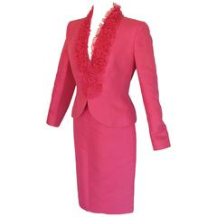 Vintage Escada Pink Silk Wool Blend Ruffle Jacket + Skirt Ensemble Size 40/42