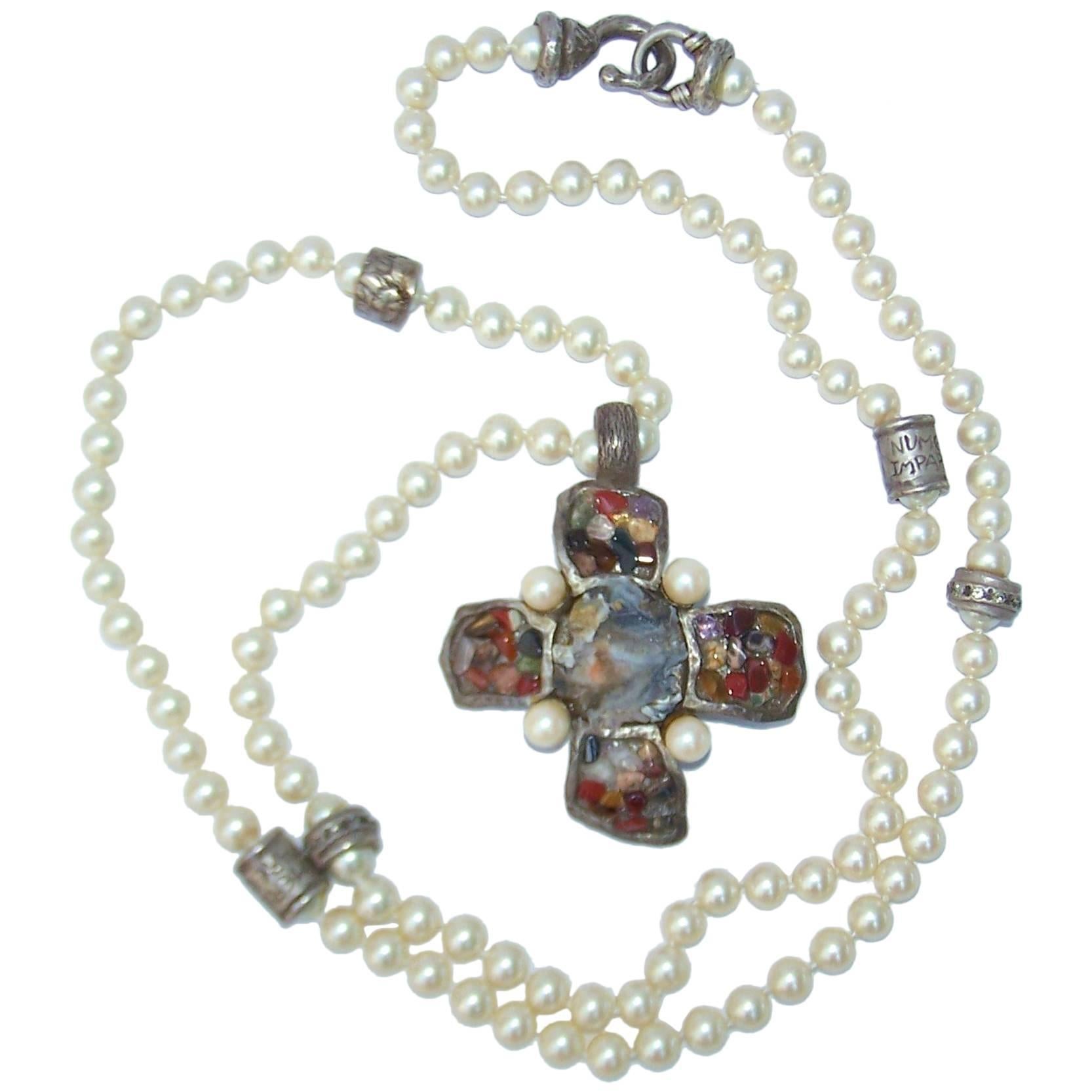 1980's Gerard Yosca Brutalist Silver Cross & Faux Pearl Necklace