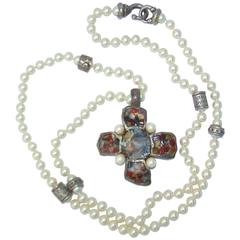 Vintage 1980's Gerard Yosca Brutalist Silver Cross & Faux Pearl Necklace