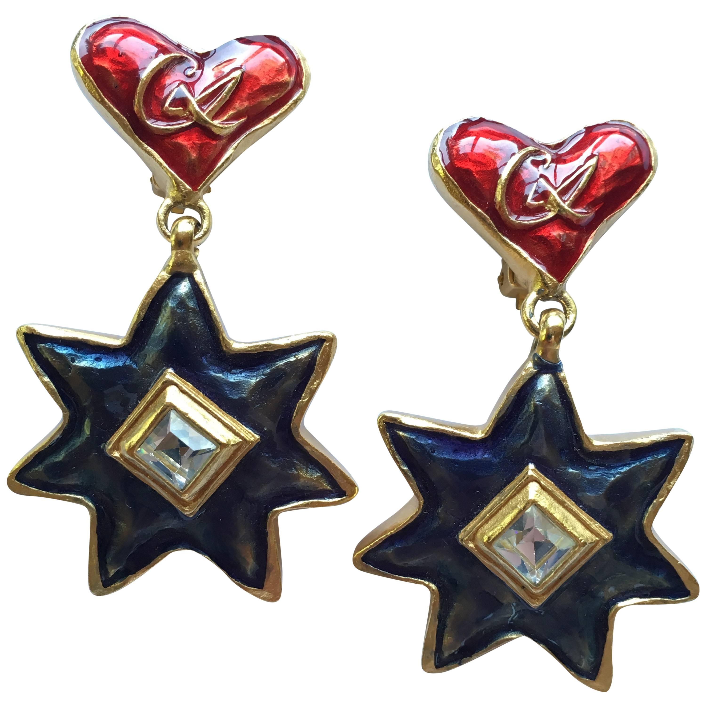 1990s Christian LaCroix Heart and Star Dangle Earrings For Sale