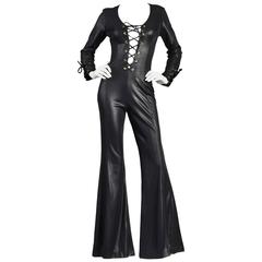 Vintage 1970s Bell Bottom Wet Look Jumpsuit with Plunging Corseted Front