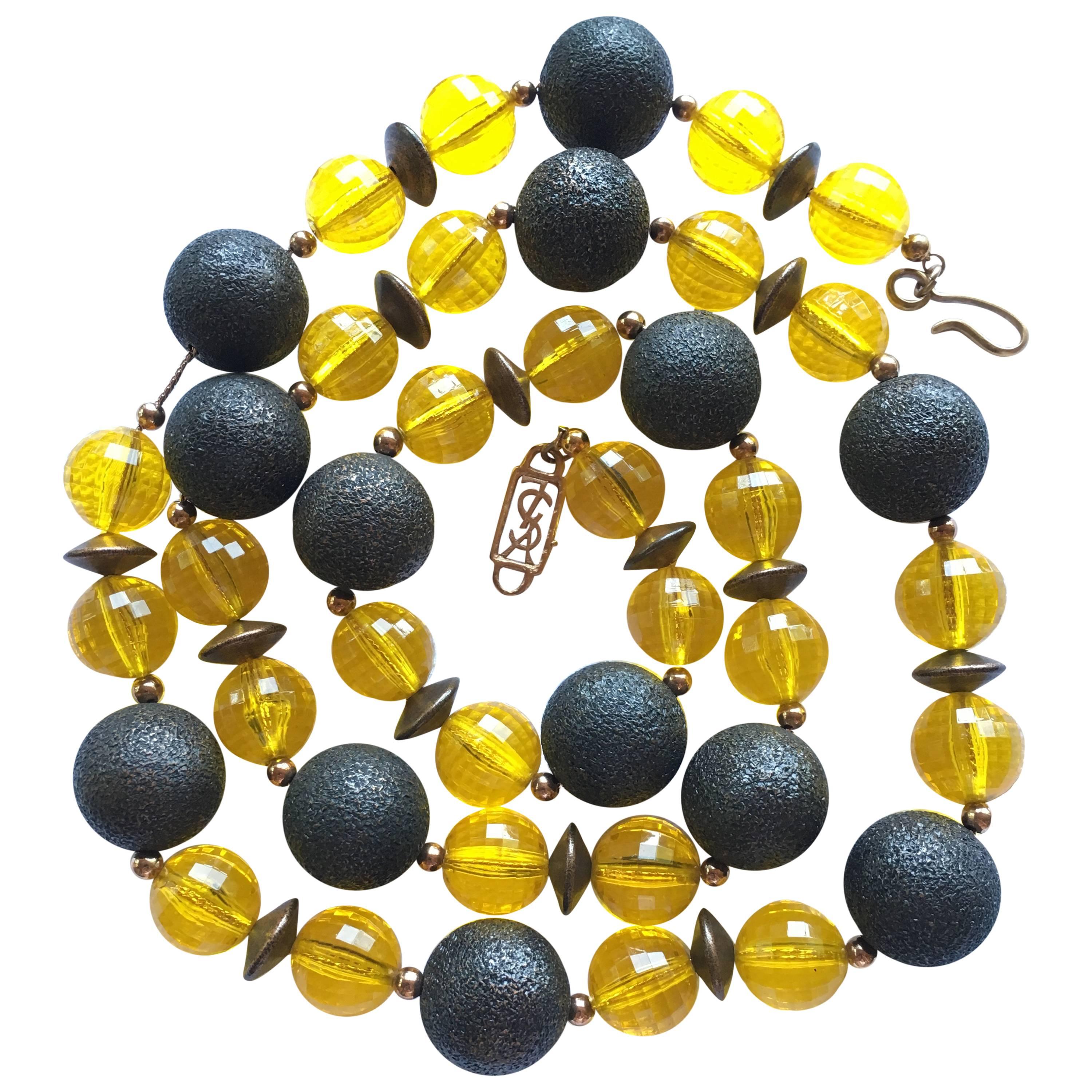 1970s Yves Saint Laurent Long Yellow and Copper Beaded Necklace For Sale