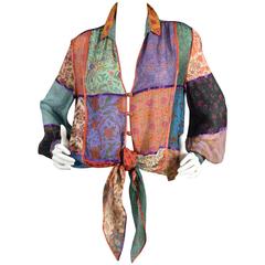 Vintage 1970s Ethnic Silk Patchwork Blouse with Tie Waist