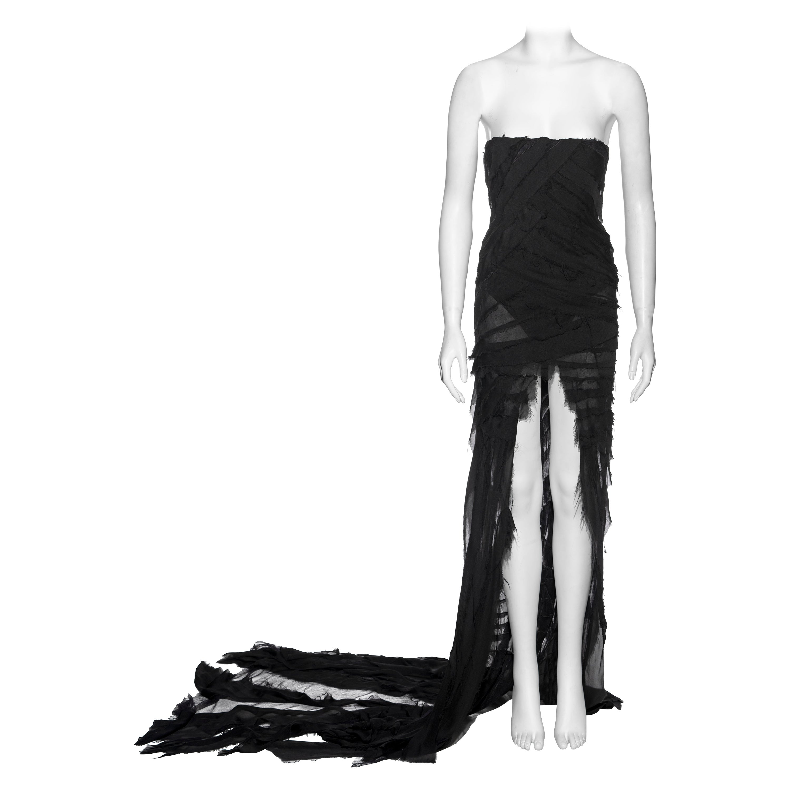 Roberto Cavalli black shredded silk strapless evening dress with train, fw 2001 For Sale