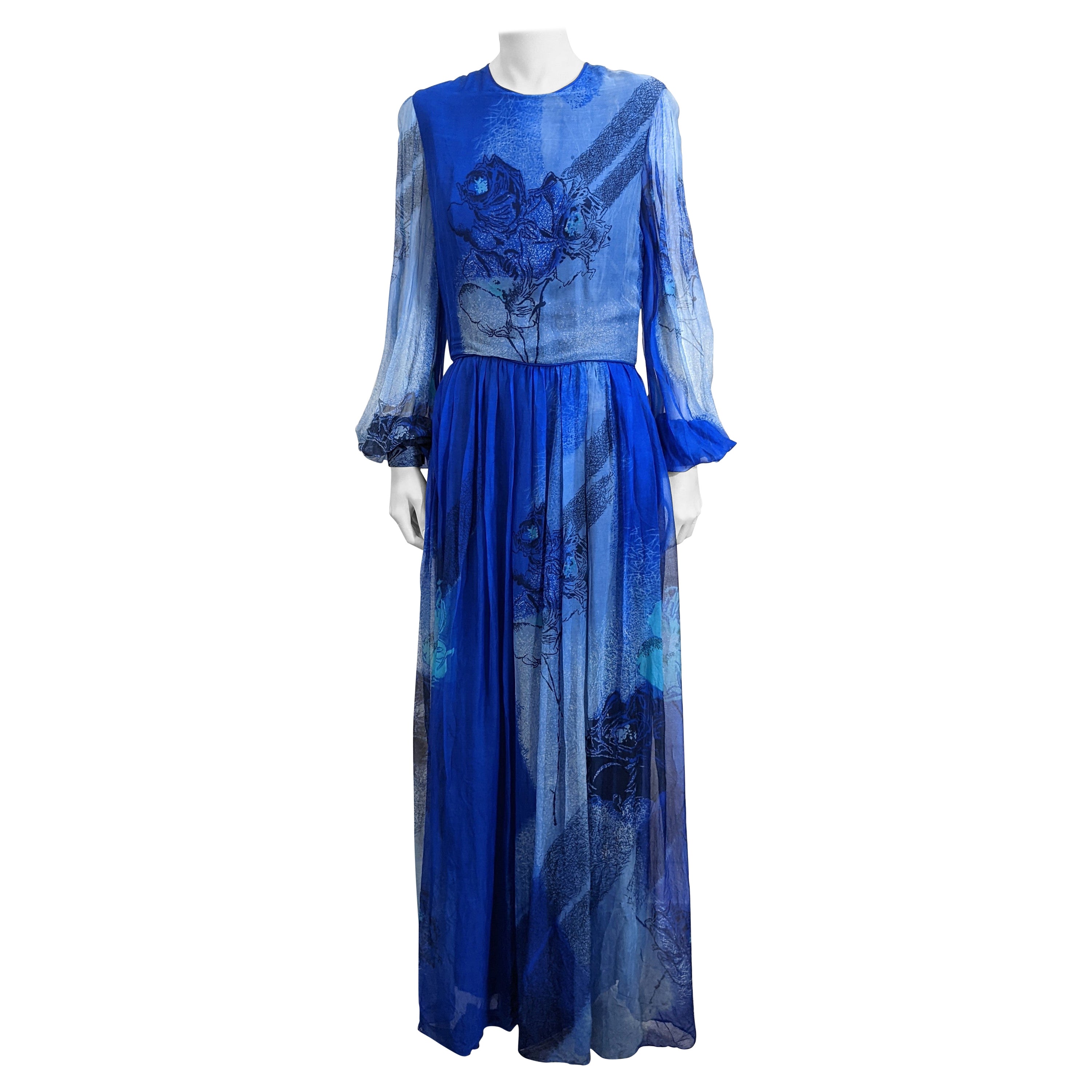 Ombrefarbenes Kleid aus Seidenchiffon mit Rosendruck, Isabell Gerhart im Angebot