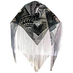 Giorgio Armani Black Abstract Velvet Burnout Shawl with Long Fringe 1990s 7