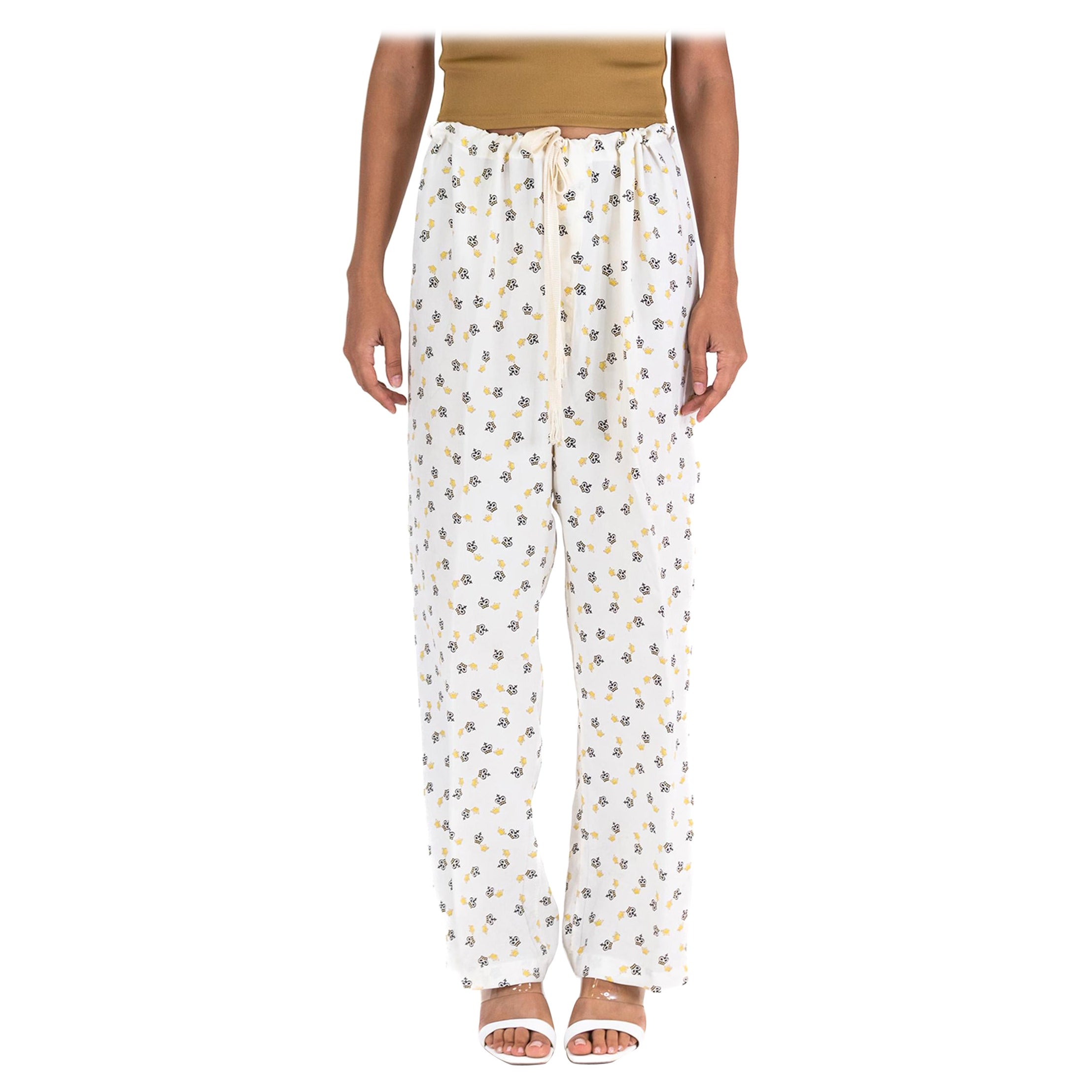 1940S Off White Cold Rayon Novelty Crown Print Pants For Sale
