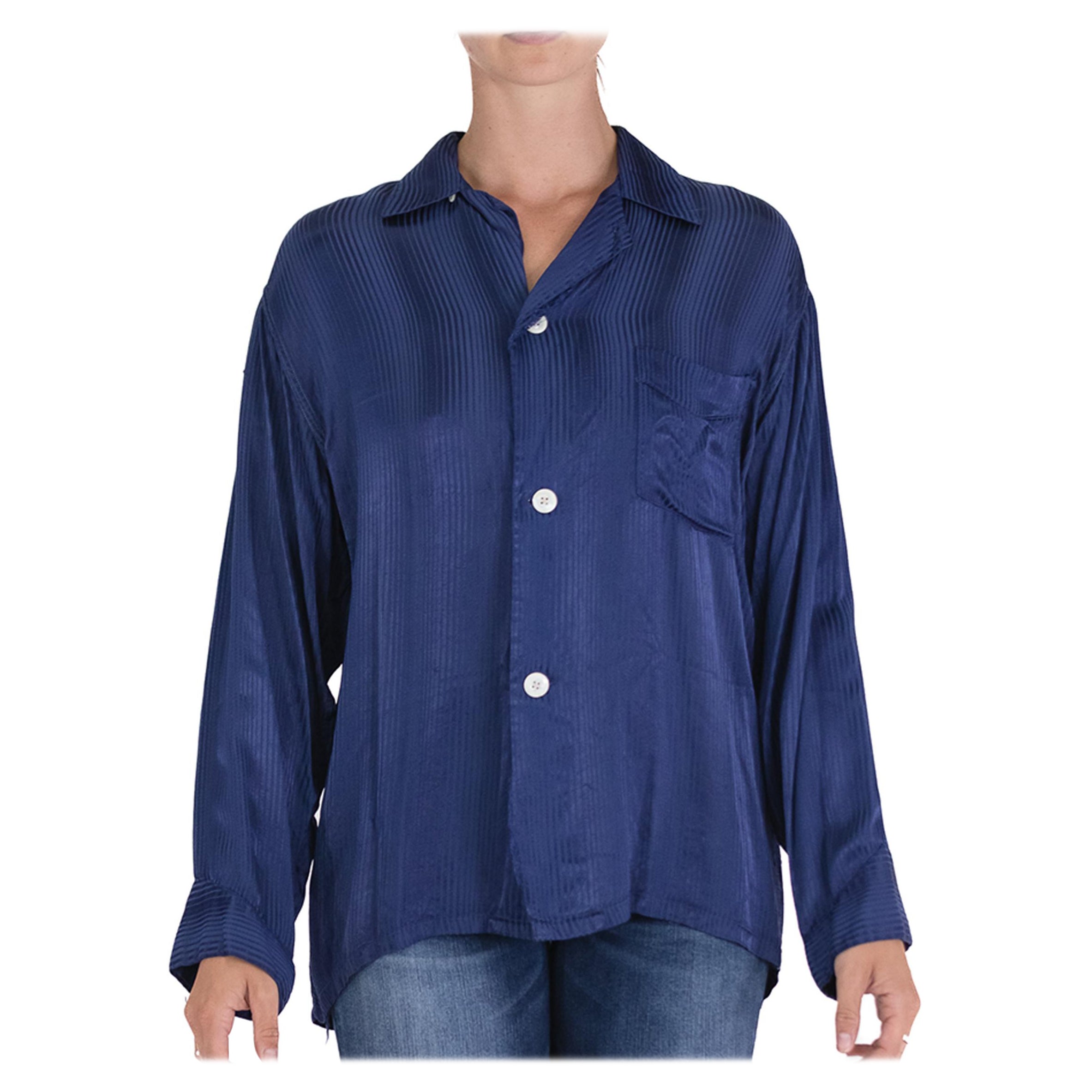 1940S MANHATTAN Navy Blue Rayon Satin Striped Pajama Top For Sale