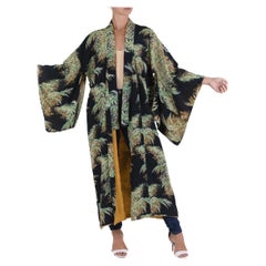 Vintage 1940S Black Silk & Rayon Rare Tropical Print Kimono