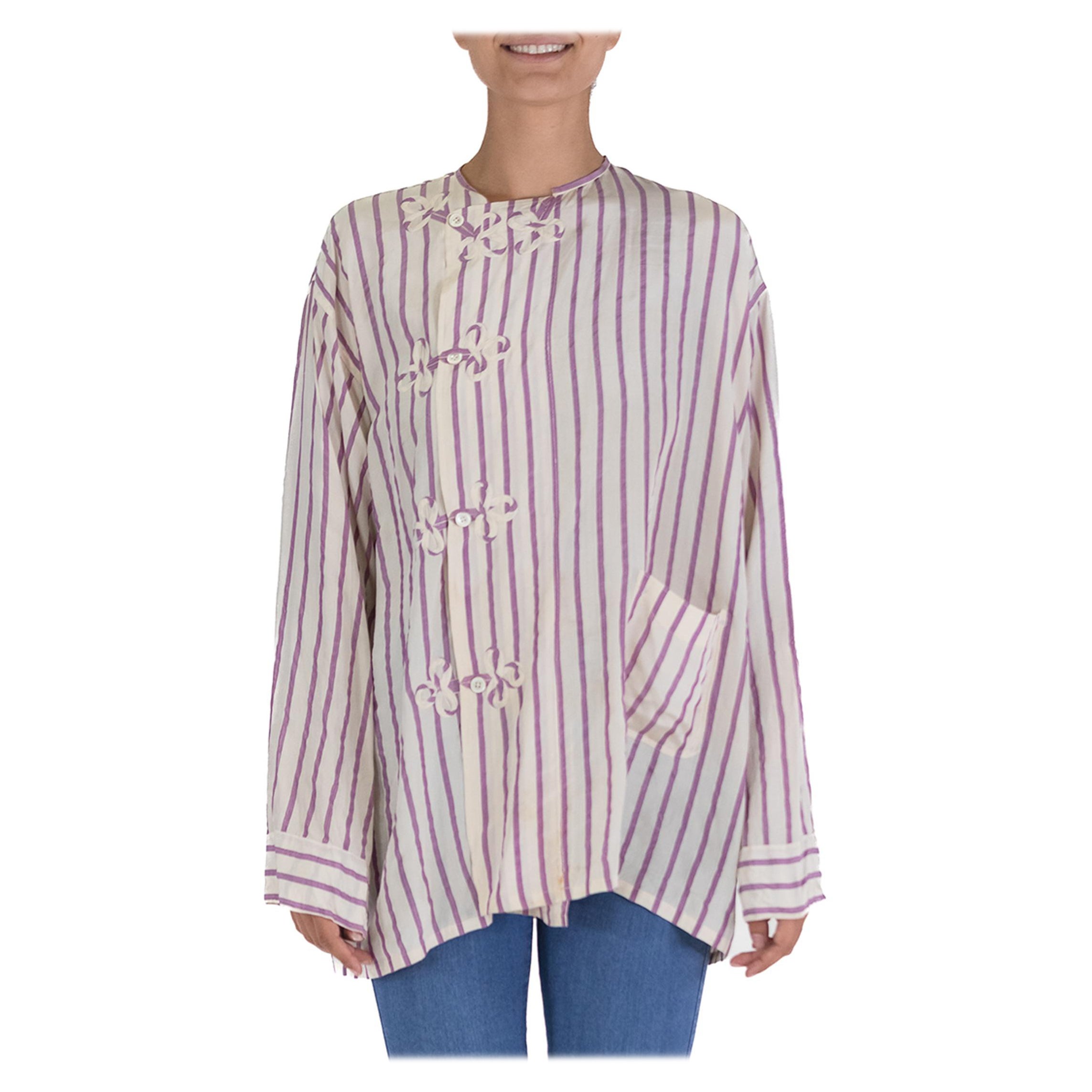 Victorian White & Lavender Silk Striped Antique Pajama Top For Sale