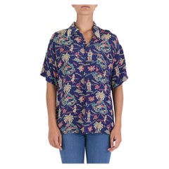 1940S Navy Blue Cold Rayon Made In Hawaii Tropical Island Aloha WW2 Print Shirt