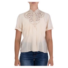 1980'S Cream Hand Embroidered Silk Top