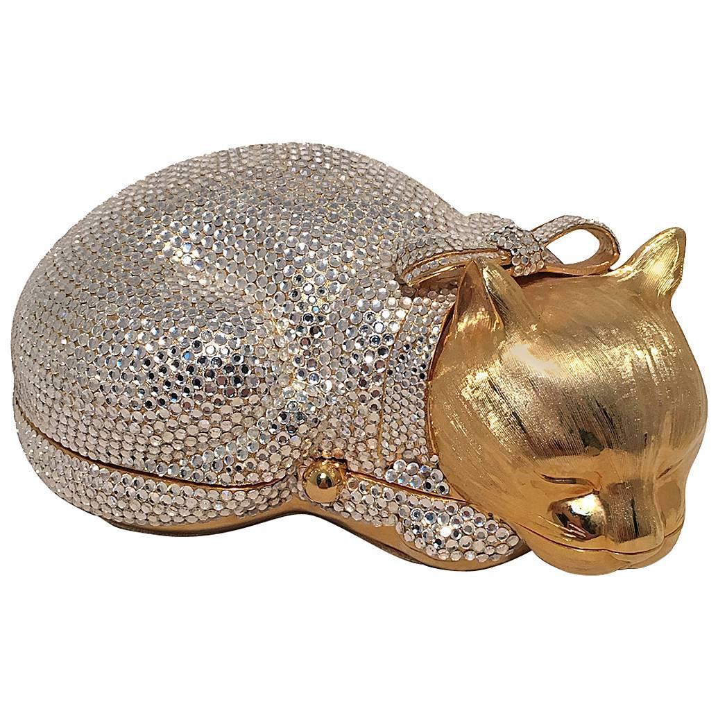 Judith Leiber Gold and Clear Swarovski Crystal Cat Minaudiere For Sale at 1stdibs