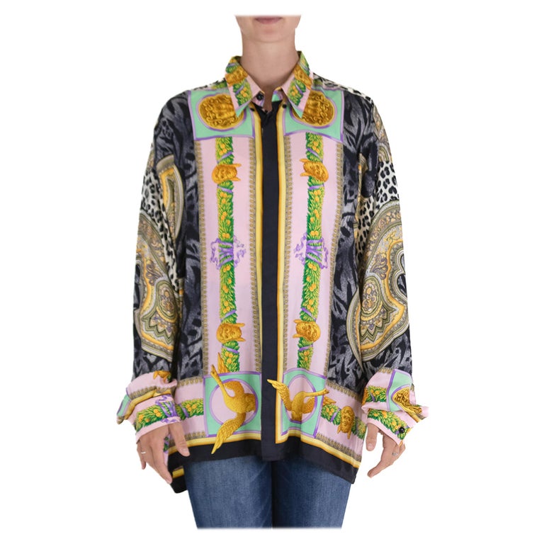 1990S Gianni Versace Blouse Leopard and Grecian Print For Sale at 1stDibs