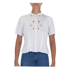 Vintage 1940S White Button Up Blouse Hand Embroidered Detail