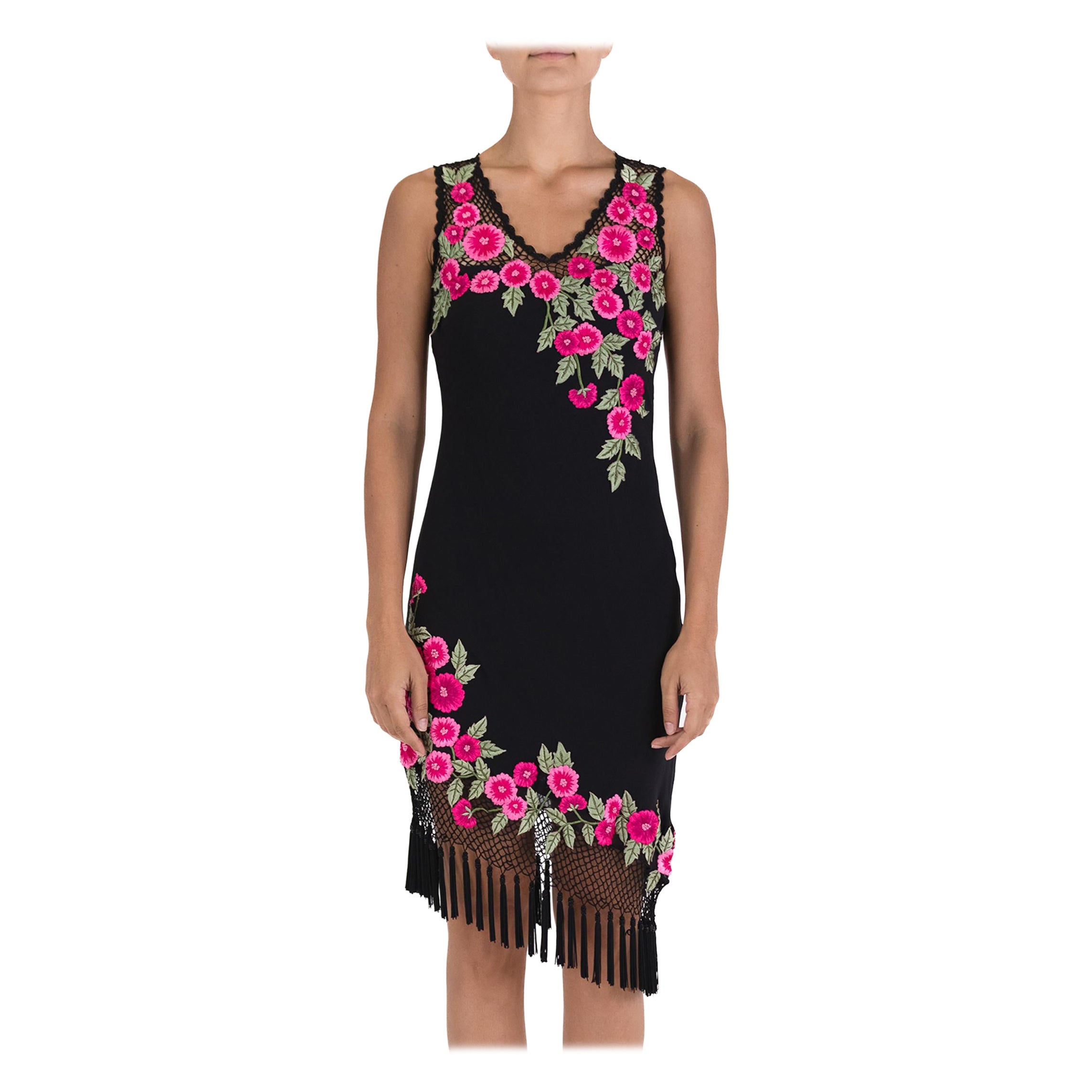 1990S Black Dress With Pink Embroidered Flower Detail For Sale