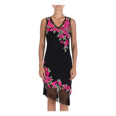 1990S Black Dress With Pink Embroidered Flower Detail